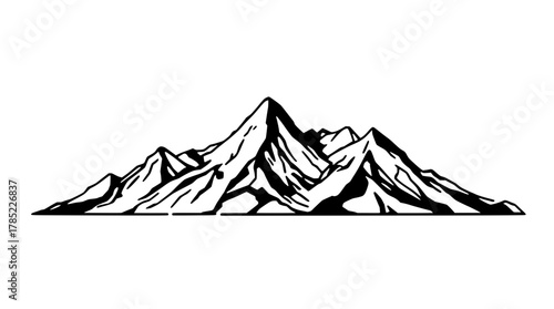 A stylized black and white illustration of a mountain range with sharp peaks and deep shadows.