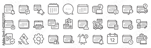 Calendar line icons. Settings gear, Message, Inflation icons. Schedule appointment, Event date, Time planner line icons. Account report, Delivery schedule and Diary planner. Vector