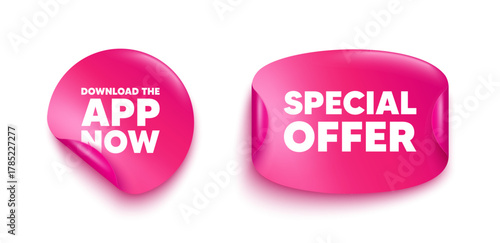 Download app sticker banner. Paper price label. Download the app now. Web application sign. Get program software symbol. Paper sticker with message. Offer label banner. Vector