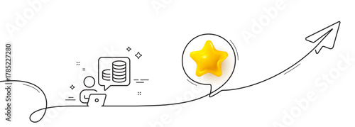 Budget accounting line icon. Continuous line with share plane. Online investment sign. Internet loan symbol. 3d star in speech bubble. Budget accounting single line ribbon. Loop curve pattern. Vector