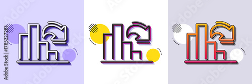 Decreasing graph line icon. Halftone dotted pattern. Gradient icon with grain shadow. Column chart sign. Market analytics symbol. Line decreasing graph icon. Various designs. Vector