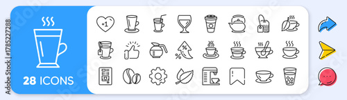 Coffee and Tea line icons. Interest rate, AI generate, Inflation icons. Set of Cappuccino, Juice with ice and Latte coffee cup icons. Teapot, Coffeepot and Hot drink with Steam. Vector