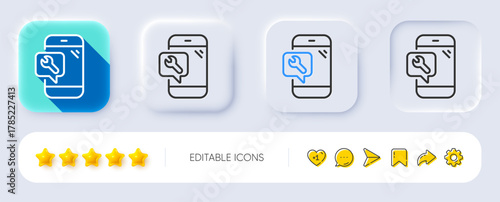 Spanner tool line icon. Neumorphic, Flat shadow, 3d buttons. Phone repair service sign. Fix instruments symbol. Line phone repair icon. Social media icons. Vector
