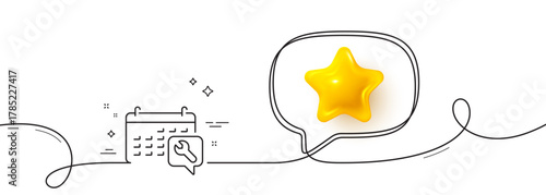 Spanner tool line icon. Continuous line with 3d star. Repair service calendar sign. Fix instruments symbol. 3d star in speech bubble. Spanner single line ribbon. Loop curve pattern. Vector