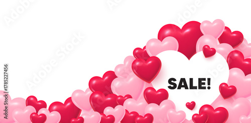 Sale heart shaped bubble. 3d hearts love background. Sale promotion tag. Special offer price sign. Advertising Discounts symbol. Valentines day greeting card. Cute 3d hearts. Vector