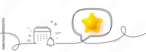 Calendar line icon. Continuous line with 3d star. Date reminder sign. Planner notice symbol. 3d star in speech bubble. Calendar single line ribbon. Loop curve pattern. Vector