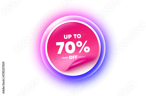 Discount tag sticker purple gradient. Paper offer price tag. Up to 70 percent off sale. Discount offer price sign. Special offer symbol. Save 70 percentages. Sticker label. Grain dots effect. Vector