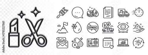 Stop stress, Cooking timer and Document signature line icons for web app. Glare of light effect. Message icon. Pack of Beauty, Online statistics, Motherboard pictogram icons. Vector