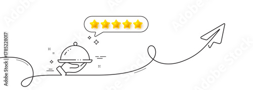 Restaurant food line icon. Continuous line with share plane. Dinner sign. Hotel room service symbol. Five star rate review in speech bubble. Restaurant food single line ribbon. Vector