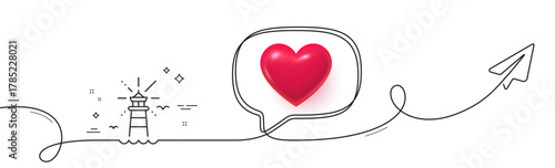 Lighthouse line icon. Continuous line with share plane. Beacon tower sign. Searchlight building symbol. 3d heart in speech bubble. Lighthouse single line ribbon. Loop curve pattern. Vector