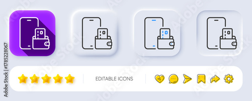 Phone wallet line icon. Neumorphic, Flat shadow, 3d buttons. Smartphone app sign. Cellphone mobile device symbol. Line phone wallet icon. Social media icons. Vector