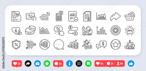 Budget accounting, Money transfer and Excise duty line icons pack. Social media: share, comment, like icons. Diagram graph, Discount coupon, Financial documents web icon. Vector