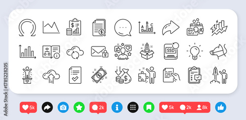 Cloud upload, Financial documents and Inspect line icons pack. Social media: share, comment, like icons. Consumption growth, Survey results, Cloud sync web icon. Vector