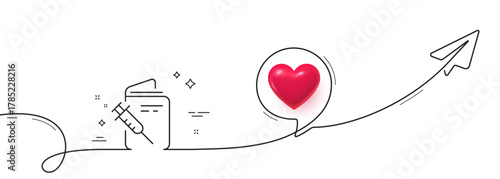 Vaccination passport line icon. Continuous line with share plane. Vaccine syringe sign. Jabbed symbol. 3d heart in speech bubble. Vaccination passport single line ribbon. Loop curve pattern. Vector