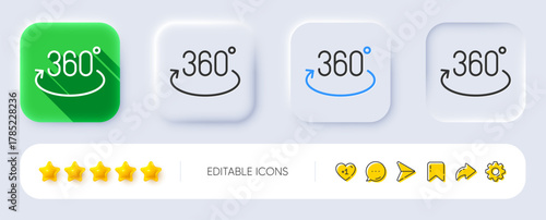 360 degree line icon. Neumorphic, Flat shadow, 3d buttons. Full rotation sign. VR technology simulation symbol. Line full rotation icon. Social media icons. Vector