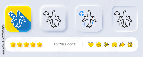 Medical flight line icon. Neumorphic, Flat shadow, 3d buttons. Medicine transport sign. Emergency service symbol. Line medical flight icon. Social media icons. Vector