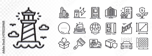 Property agency, Stairs and Delivery insurance line icons for web app. Glare of light effect. Message icon. Pack of Delivery truck, Skyscraper buildings, Lighthouse pictogram icons. Vector