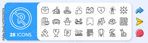 Package location, Delivery time and Lighthouse line icons. Interest rate, AI generate, Inflation icons. Pack of Parking, Parcel checklist, Package box icon. Vector