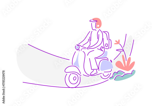 Simple line illustration of a cartoon vector riding a scooter motorbike isolated on a white background