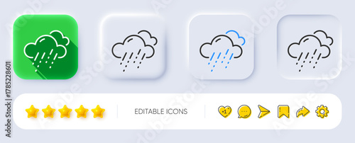 Rainy weather forecast line icon. Neumorphic, Flat shadow, 3d buttons. Clouds with rain sign. Cloudy sky symbol. Line rainy weather icon. Social media icons. Vector