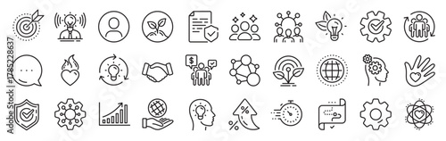 Core values line icons. Settings gear, Message, Inflation icons. Integrity, Target purpose and Strategy. Trust handshake, social responsibility, commitment goal icons. Vector