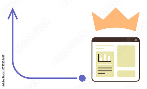 Upward arrow indicating progress, website analytics dashboard symbolizing data insights, crown representing success. Ideal for growth, success, analytics, leadership, achievement, data analysis