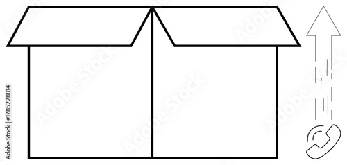 Open cardboard box with an arrow pointing upward and a phone receiver suggesting innovation, communication, and progress. Ideal for growth, business, communication, innovation, logistics, startups