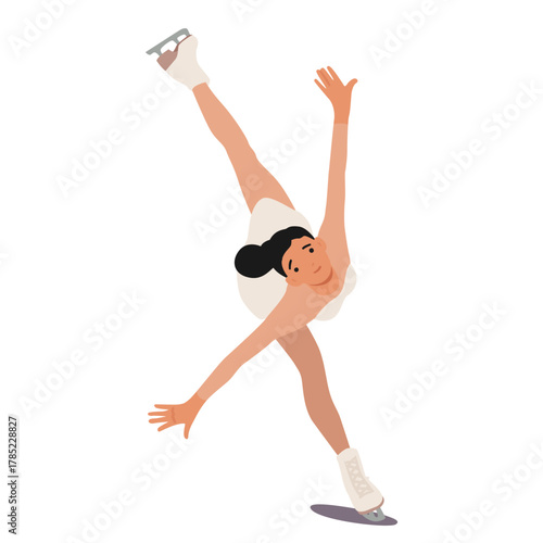Dynamic professional talented female figure skater in motion sliding on one leg on ice arena