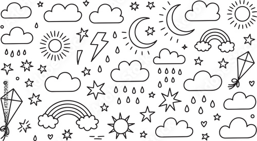 Black and white doodle sheet with clouds sun moon stars rainbows lightning and kites drawing sketch