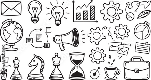 Black and white hand sketched icons for business and ideas including globe lightbulbs gears and chess pieces