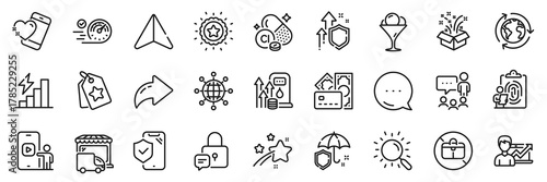 People chatting, Speedometer and Umbrella line icons pack. Share, Message, Paper plane icons. Phone insurance, Loyalty tags, Search web icon. Money, No handbag, Lock pictogram. Vector