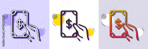 Hold Cash money line icon. Halftone dotted pattern. Gradient icon with grain shadow. Banking currency sign. Dollar or USD symbol. Line receive money icon. Various designs. Vector