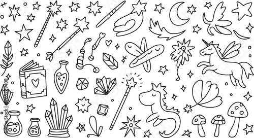 Whimsical doodle sheet of magic elements stars moon unicorn dragon crystals potions book mushrooms fantasy
