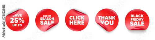 Discount sticker tag. Season sale, Black friday paper price banners. Save up to 25 percent tag. Discount Sale offer price sign. Special offer symbol. Thank you sticker. Vector