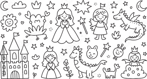 Whimsical doodle sheet with princesses dragons castle sun moon clouds stars and fairies fairy