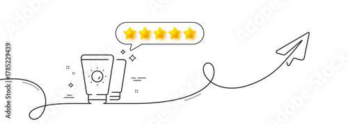 Sunscreen line icon. Continuous line with share plane. Sun cream sign. Sunblock lotion symbol. Five star rate review in speech bubble. Sunscreen single line ribbon. Loop curve pattern. Vector