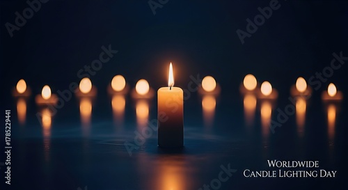 Bright solitary candle flame glows. Warm light casts gentle reflections below. Worldwide commemoration day of remembrance, peace, and spiritual hope for all.