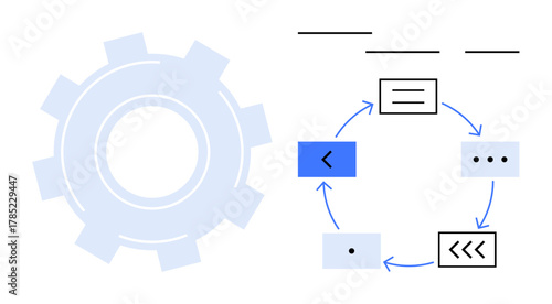 Gear symbol beside circular workflow process with arrows and blocks, representing automation, efficiency, system optimization, development, project management, teamwork, and technology. Ideal