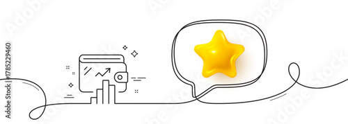 Wallet line icon. Continuous line with 3d star. Money account statistics sign. Cash budget symbol. 3d star in speech bubble. Wallet single line ribbon. Loop curve pattern. Vector