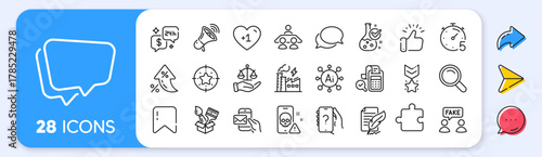 Timer, Messenger and Megaphone line icons. Interest rate, AI generate, Inflation icons. Pack of Ask question, Bill accounting, Interview job icon. Cyber attack, Speech bubble, Search pictogram. Vector