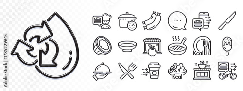 Dish, Calories and Boiling pan line icons for web app. Glare of light effect. Message icon. Pack of Sausage, Food, Recycle water pictogram icons. Ice cream, Restaurant food, Table knife signs. Vector