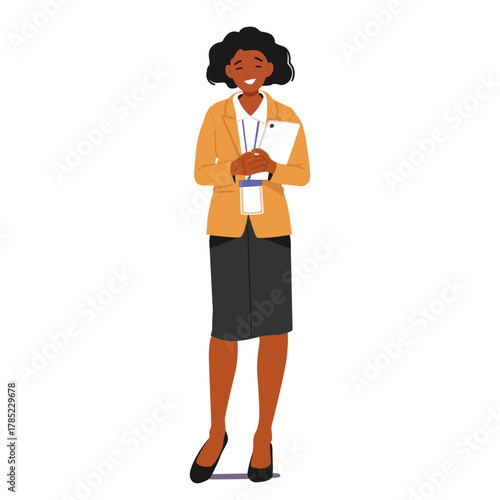 Friendly smiling woman trade show manager or business exhibition event organizer cartoon character