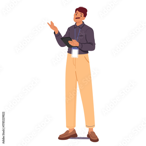 Friendly man trade show manager isolated cartoon character engaged in corporate event coordination