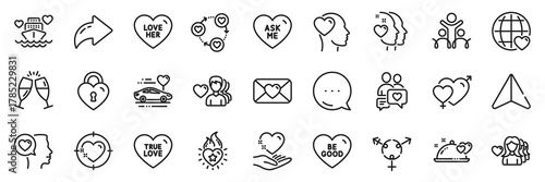 Woman love, Heart and Hold heart line icons pack. Share, Message, Paper plane icons. Love her, Romantic talk, Romantic dinner web icon. Friend, Champagne glasses, Ask me pictogram. Vector