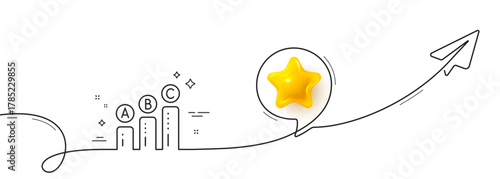 Graph line icon. Continuous line with share plane. Column chart sign. Ab test diagram symbol. 3d star in speech bubble. Graph chart single line ribbon. Loop curve pattern. Vector