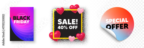 Sale photo frame 3d hearts. Special offer sticker banner. Sale 40 percent off discount. Promotion price offer sign. Retail badge symbol. Black friday poster. Promo background. Vector