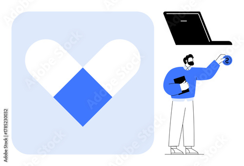 Man holding documents while handing over coin, large heart-shaped pill icon symbolizes health services. Ideal for healthcare, finance, medical care, transactions, charity, contributions, simple flat