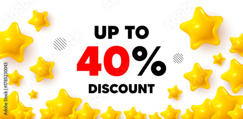 Discount tag winner banner with 3d stars. Golden stars banner. Up to 40 percent discount. Sale offer price sign. Special offer symbol. Save 40 percentages. Review rate background. Vector