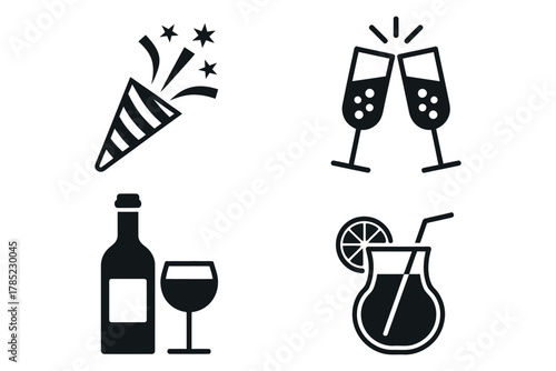 Black and white vector illustration of celebration drinks and confetti popper
