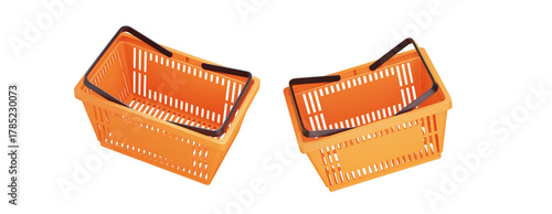 Plastic shopping basket on isolated background. Orange store empty basket. Supermarket shopping cart. 3d rendering.
